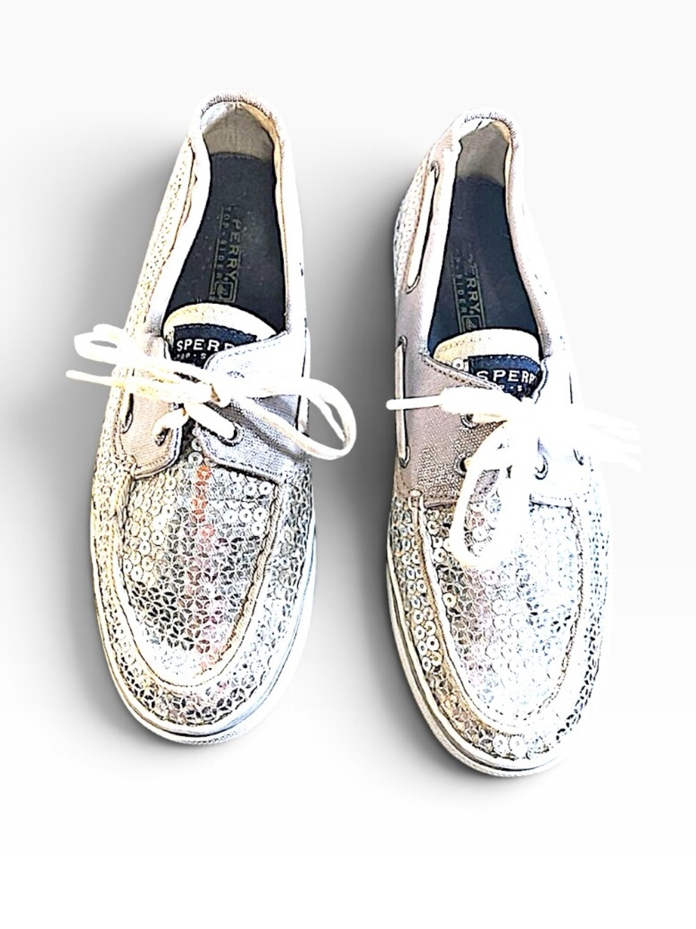 SPERRY TOP SIDERS Silver Sequin and Ivory or beige SZ 7.5